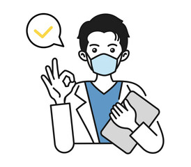 OKサインをする白衣を着てマスクをした男性の看護師/医師のイラスト素材　