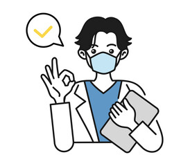 OKサインをする白衣を着てマスクをした男性の看護師/医師のイラスト素材　