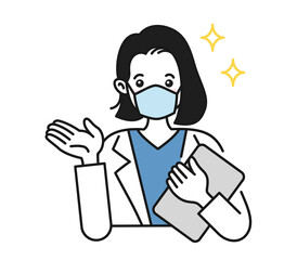 案内や説明をする白衣を着てマスクをした女性の看護師/医師のイラスト素材