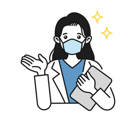 案内や説明をする白衣を着てマスクをした女性の看護師/医師のイラスト素材