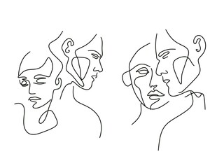 Contour black line with human 
face emotion with white background.