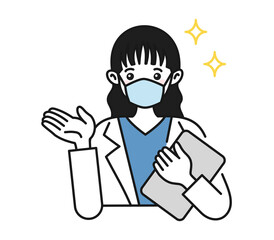 案内や説明をする白衣を着てマスクをした女性の看護師/医師のイラスト素材