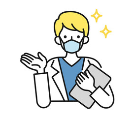 案内や説明をする白衣を着てマスクをした男性の看護師/医師のイラスト素材