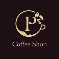 Initial P letter with Coffee Cup, Coffee Bean, Liquid for Coffee Shop, Restaurant, Cafe, Beverage Business Simple and modern Logo Template Idea