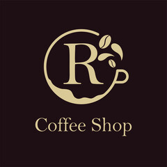 Initial R letter with Coffee Cup, Coffee Bean, Liquid for Coffee Shop, Restaurant, Cafe, Beverage Business Simple and modern Logo Template Idea