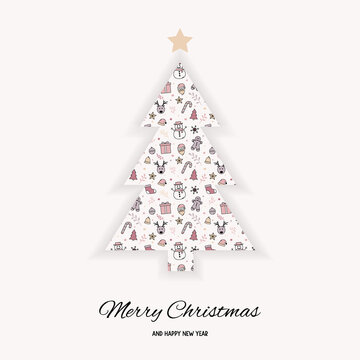 Christmas tree with wishes and Xmas elements. Vector