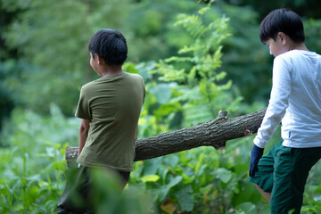 Children Carrying Log