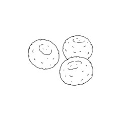 Hand drawn image of dumpling or pierogi, black line vector illustration isolated.