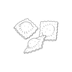 Handmade ravioli dumplings, hand drawn black line vector illustration isolated.