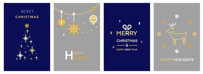 Obraz na płótnie Canvas シンプルでモダンなクリスマスカードセット4種（青/グレー）　Merry Christmas modern card set elements greeting text lettering blue and gray background