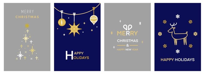 Obraz na płótnie Canvas シンプルでモダンなクリスマスカードセット4種（グレー/青）　Merry Christmas modern card set elements greeting text lettering gray and blue background