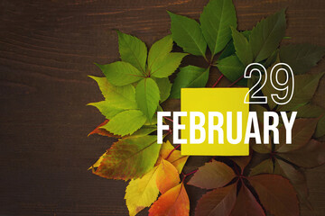 February 29th. Day 29 of month, Calendar date. Autumn leaves transition from green to red with calendar day on yellow square, wooden background. Winter month, day of the year concept.
