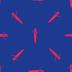 Naklejka premium Red Needle for sewing with thread icon isolated seamless pattern on blue background. Tailor symbol. Textile sew up craft sign. Embroidery tool. Vector