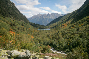 Fototapeta na wymiar View of a mountain valley in the Caucasus Mountains, Dombay, Russia.