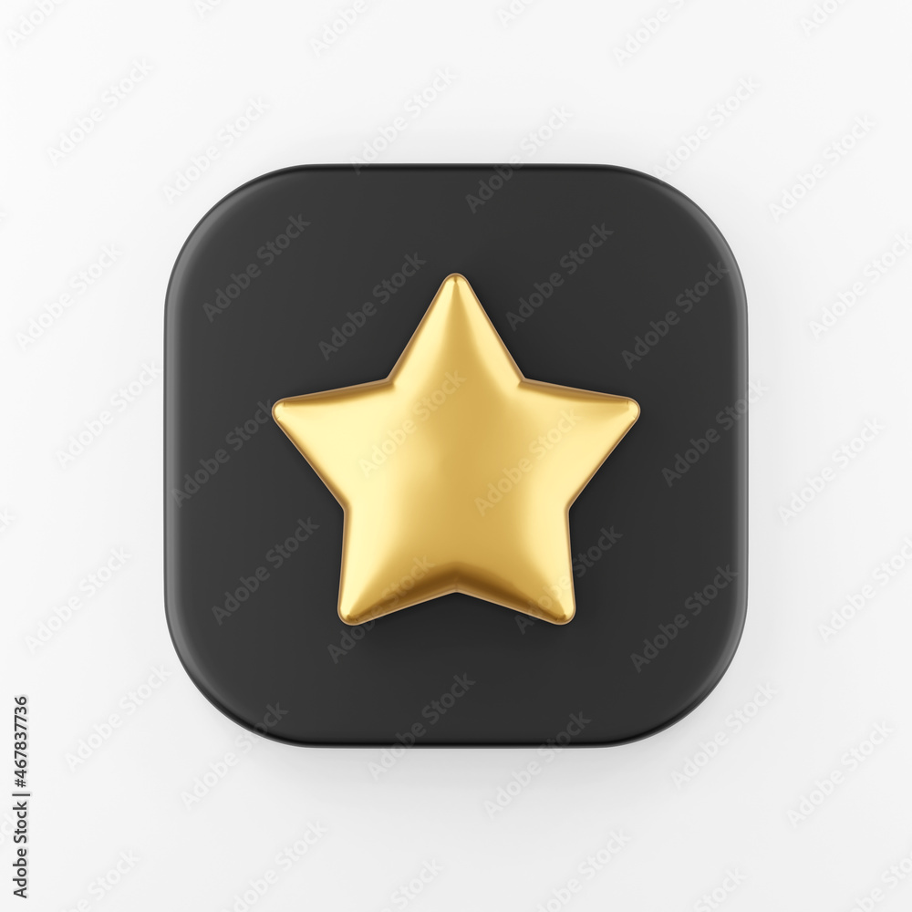 Poster gold star icon in cartoon style. 3d rendering black square key button, interface ui ux element.