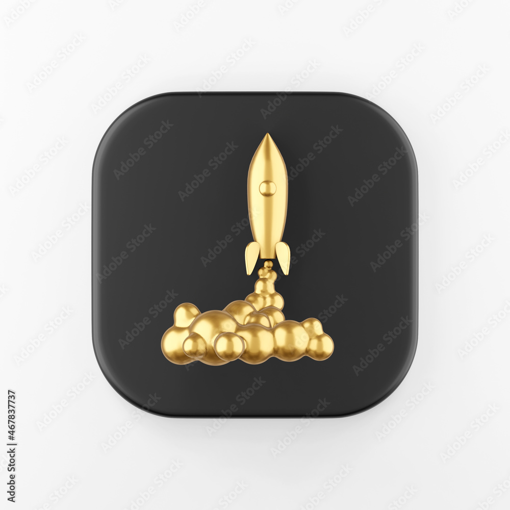 Poster golden space rocket launch icon. 3d rendering black square key button, interface ui ux element.
