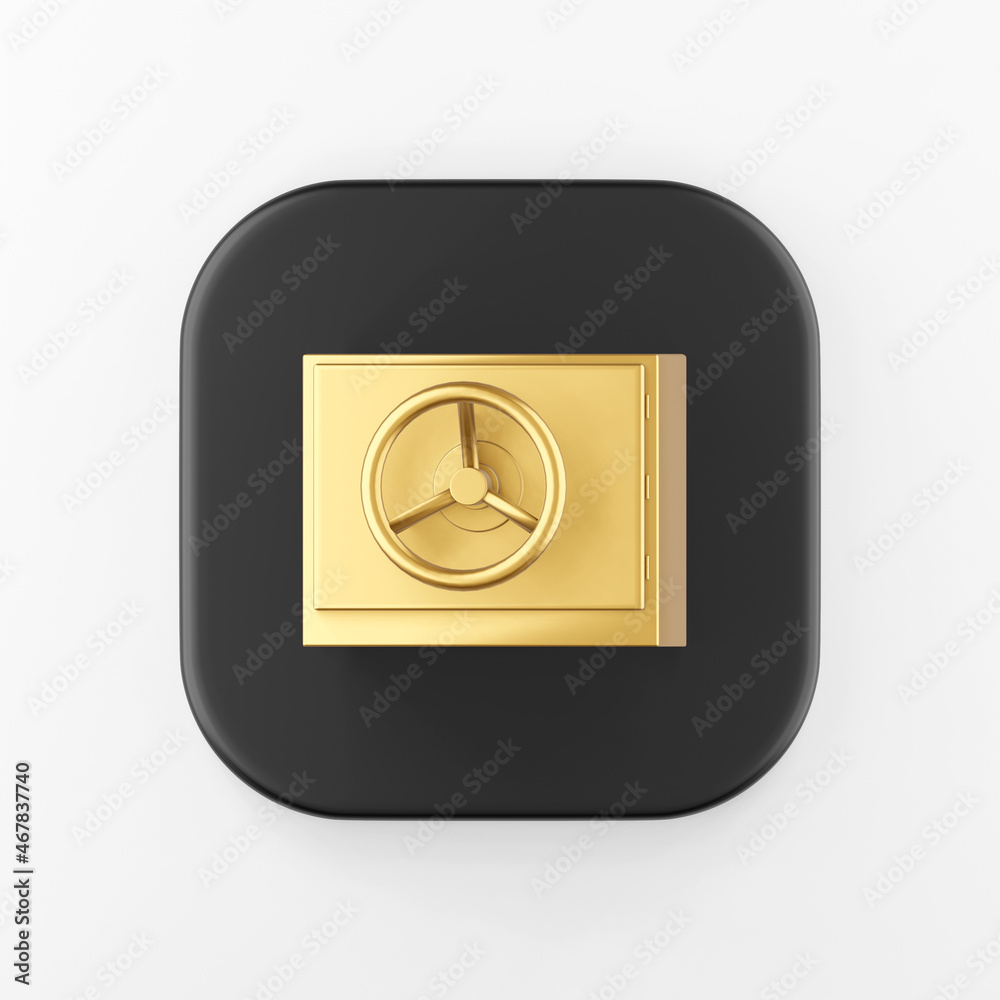 Poster golden safe icon. 3d rendering black square key button, interface ui ux element.