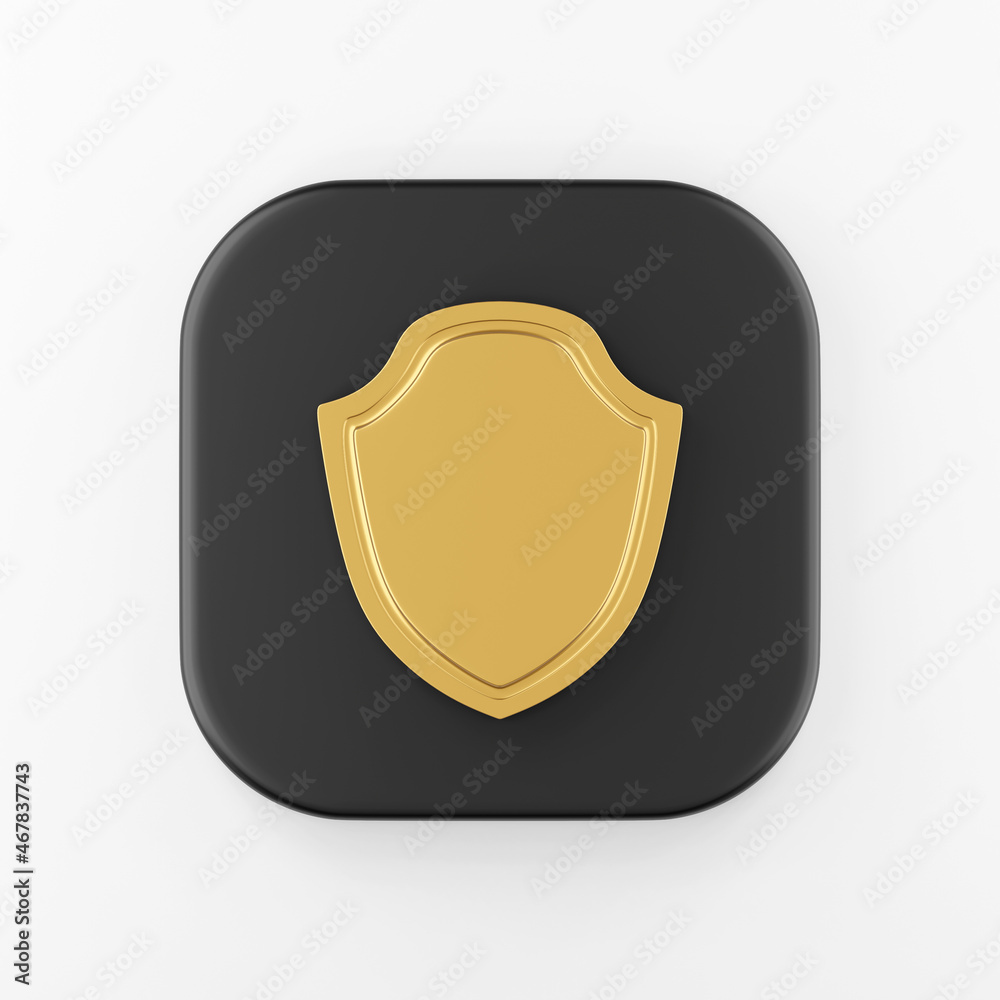 Poster flat outline golden shield icon. 3d rendering black square key button, interface ui ux element.