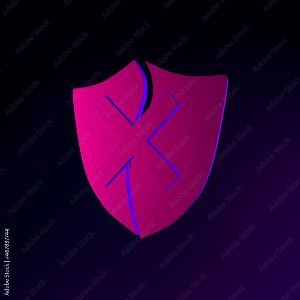 Poster neon broken shield icon. 3d rendering ui ux interface element. dark glowing symbol.