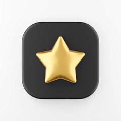 Gold star icon in cartoon style. 3d rendering black square key button, interface ui ux element.