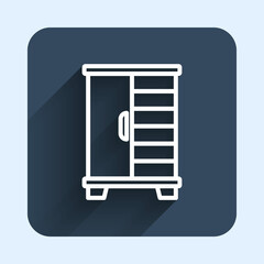 White line Wardrobe icon isolated with long shadow background. Cupboard sign. Blue square button. Vector