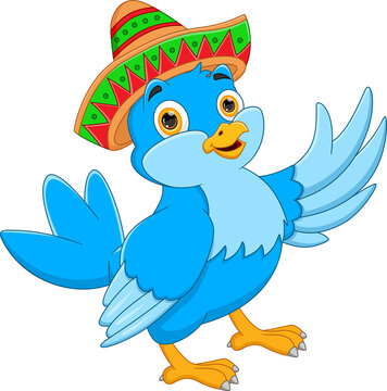 cartoon cute blue bird wearing a hat