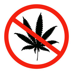 Black cannabis leaf with prohibition sign isolated on a white background. Vector illustration.