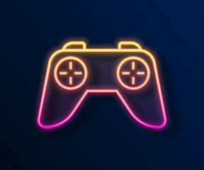 Glowing neon line Game controller or joystick for game console icon isolated on black background. Vector