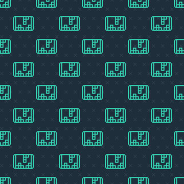 Green line Portable video game console icon isolated seamless pattern on blue background. Handheld console gaming. Vector