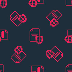 Red line Contract with shield icon isolated seamless pattern on black background. Insurance concept. Security, safety, protection, protect concept. Vector