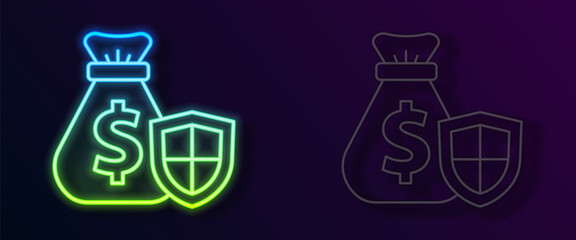 Glowing neon line Money bag with shield icon isolated on black background. Insurance concept. Security, safety, protection, protect concept. Vector