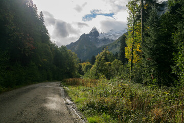 Fototapeta premium View of a mountain valley in the Caucasus Mountains, Dombay, Russia.