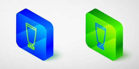 Isometric line Cream or lotion cosmetic tube icon isolated on grey background. Body care products for woman. Blue and green square button. Vector