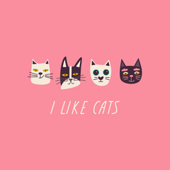 Different simple heads of cats. I like cats - lettering quote. Vector flat childish illustration