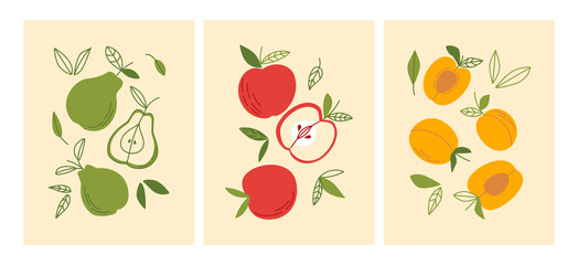 Set of simple posters with fruits. Cards with pears, apricots, apples. Vector flat illustration