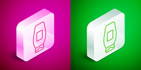 Isometric line Bottle of shampoo icon isolated on pink and green background. Silver square button. Vector