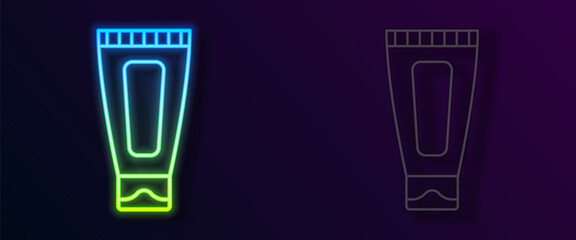 Glowing neon line Cream or lotion cosmetic tube icon isolated on black background. Body care products for woman. Vector