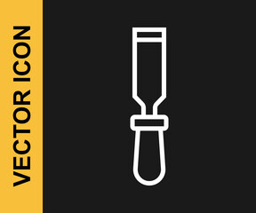 White line Chisel tool for wood icon isolated on black background. Vector
