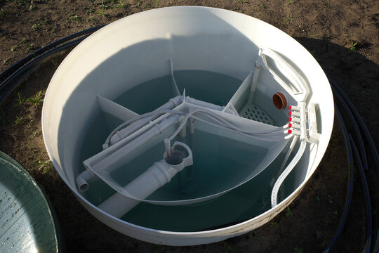 Septic tank installation, water treatment tank. Sewerage system of a small house.