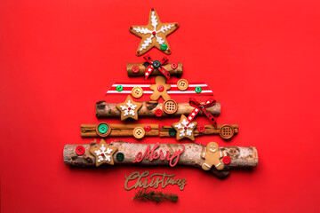 Country Christmas Tree on Red Holiday  Background