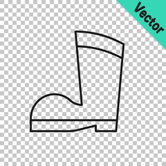 Black line Waterproof rubber boot icon isolated on transparent background. Gumboots for rainy weather, fishing, gardening. Vector