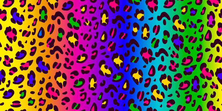 Rainbow leopard seamless pattern. Animalistic bright print. Neon vector background