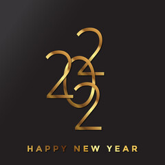 Blue gold 2022 Happy New Year card with premium foil gradient texture lines, dark background. Festive rich design for holiday card, invitation, calendar poster. Happy 2022 New Year gold text on blue.
