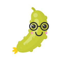 Cute smiling cucumber. Kawaii vegetable character. Isolated colorful vector icon