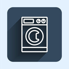 White line Washer icon isolated with long shadow background. Washing machine icon. Clothes washer - laundry machine. Home appliance symbol. Blue square button. Vector
