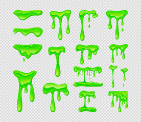 Dripping green slime set.Collection of blots, splashes and smudges. Vector cartoon illustration of sticky liquid.Transparent background