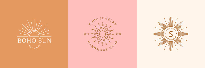 Boho Sun Logo Set in Minimal Liner Trendy Style. Vector Set Bohemian Badges for Creative Studio, Photography, Jewelry, © Sini4ka