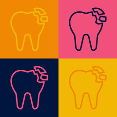 Pop art line Broken tooth icon isolated on color background. Dental problem icon. Dental care symbol. Vector