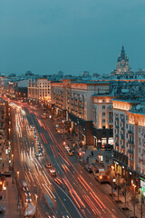 Fototapeta na wymiar Evening view of Tverskaya Street in Moscow. Long exposure