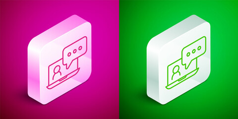 Isometric line Video chat conference icon isolated on pink and green background. Online meeting work form home. Remote project management. Silver square button. Vector